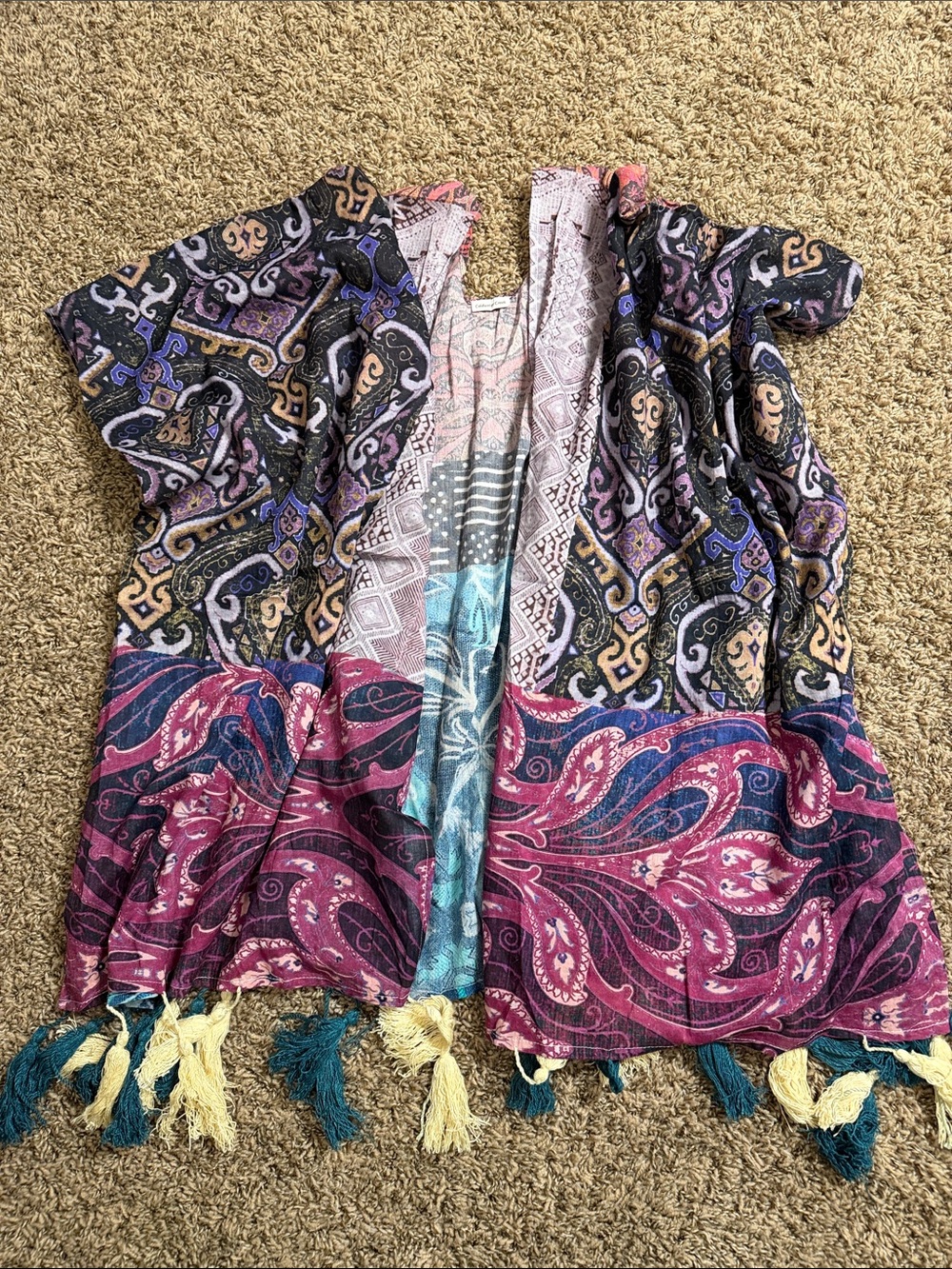 Coldwater Creek Multicolor Boho Tassel Kimono - Pink, Purple, Teal, Black